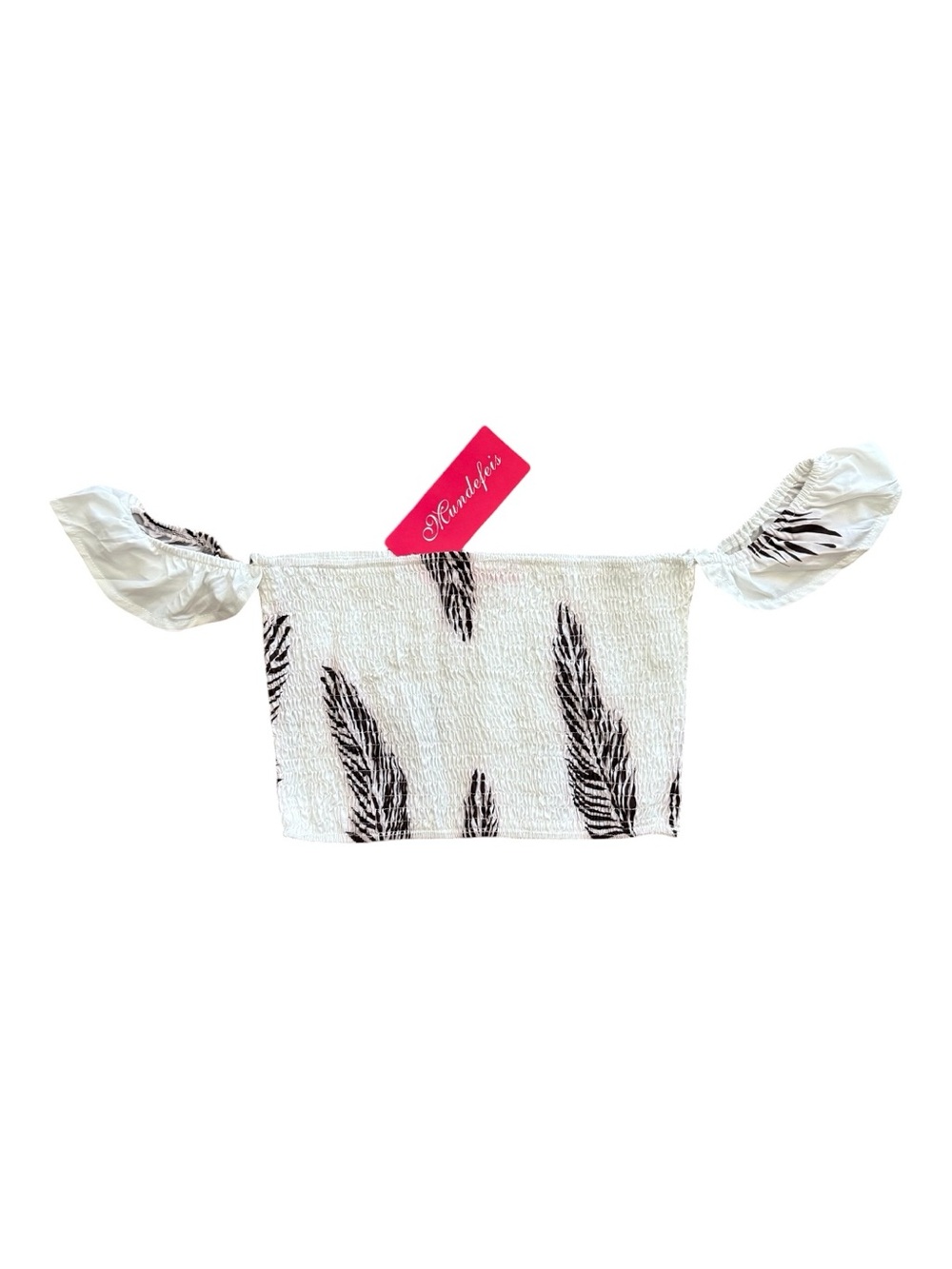 NWT Mundefeis Boho Smocked Off-The-Shoulder Crop Top Pink Feather Size Large